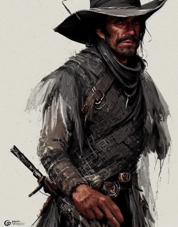 Image similar to misterious gaucho bandido commander, shady look, a raggy long poncho, magic the gathering, ready to shoot, intricate, highly detailed, digital painting, artstation, concept art, sharp focus, illustration, geometric dripped ink background, art by Artgerm, Grafit Studio, and Greg Rutkowski and Craig Mullins