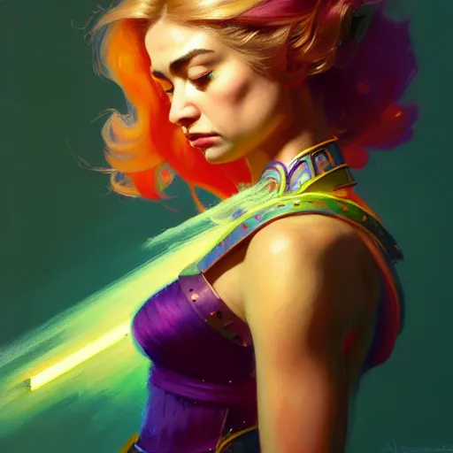 Image similar to side portrait, imogen poots, paladin, gloomhaven, colorful gaudy colors, luminescent, hard edges, organic painting, by greg manchess, huang guangjian, gil elvgren, greg rutkowski, jesper ejsing, magali villeneuve, artgerm, ilya kuvshinov