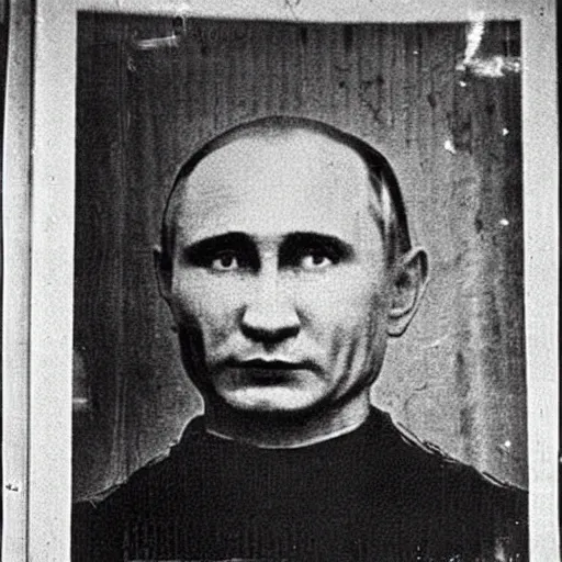 Image similar to Old picture of bloody butcher Vladimir Putin in Insane Asylum Of The 19th Century SCARY LOOKING at camera