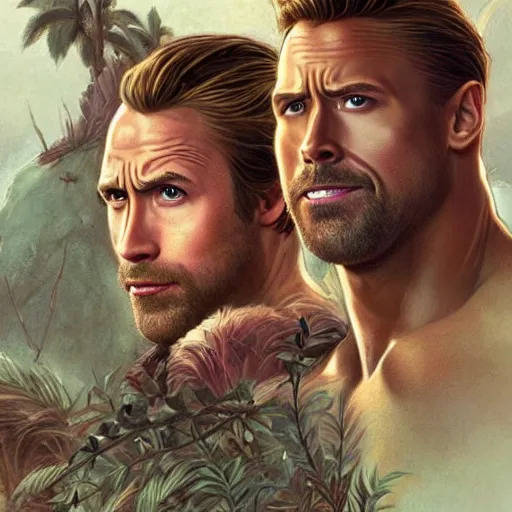 Image similar to Dwayne Johnson and Ryan Gosling Save the World, fantasy, intricate, elegant, highly detailed, digital painting, artstation, concept art, smooth, sharp focus, illustration, art by artgerm and greg rutkowski and alphonse mucha