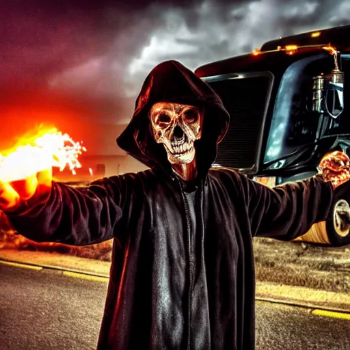 Prompt: closeup photo of : the grim - reaper is a tough old trucker doing a badass pose with chains and revolvers in front of his flaming semi - truck during a lightning - storm. he is sticking up his skeletal middle - finger.