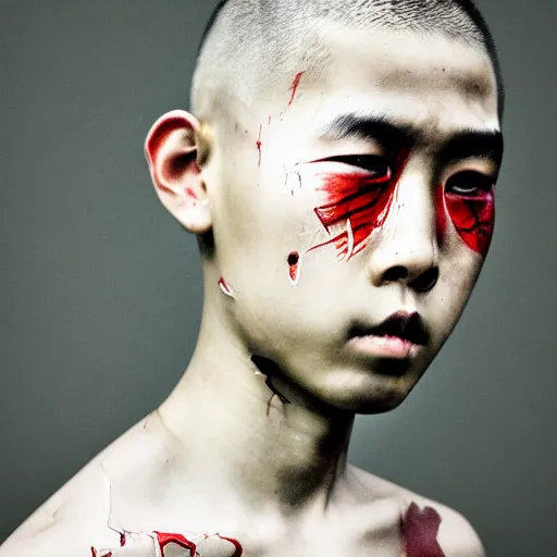 Prompt: dramatic portrait of chinese boy buzz cut, battle damaged, digital painting