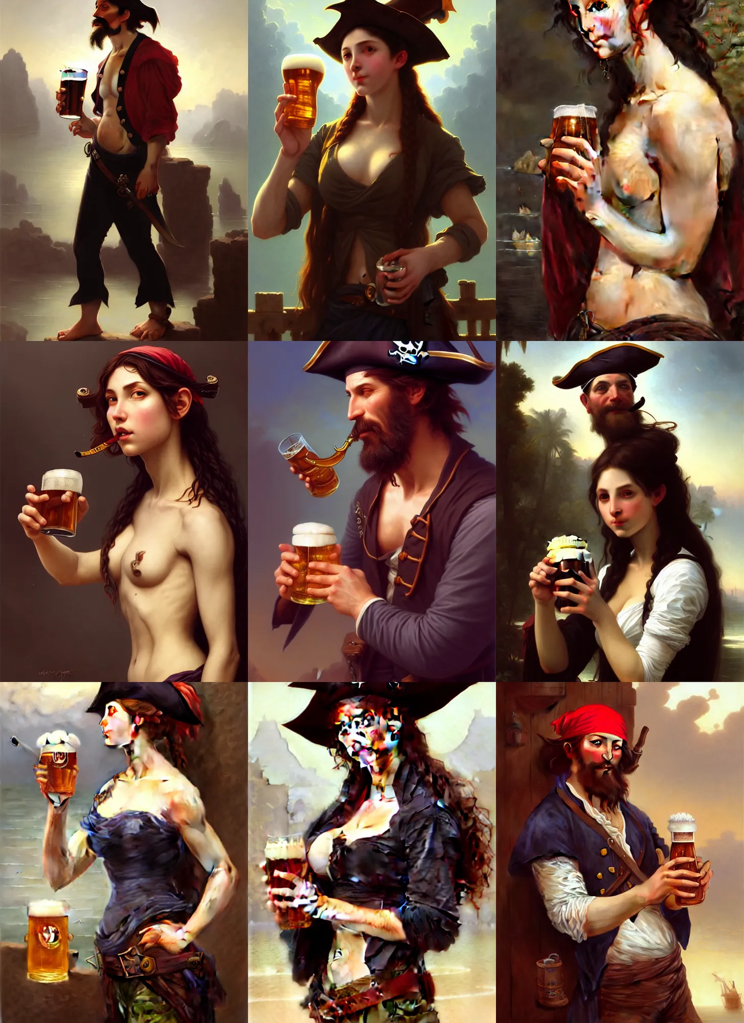 Prompt: a cool looking pirate drinking a beer, illustration by mandy jurgens and william adolphe bouguereau, artgerm, 4 k, digital art, surreal, highly detailed, artstation, digital painting, concept art, smooth, sharp focus, illustration by mandy jurgens and william adolphe bouguereau