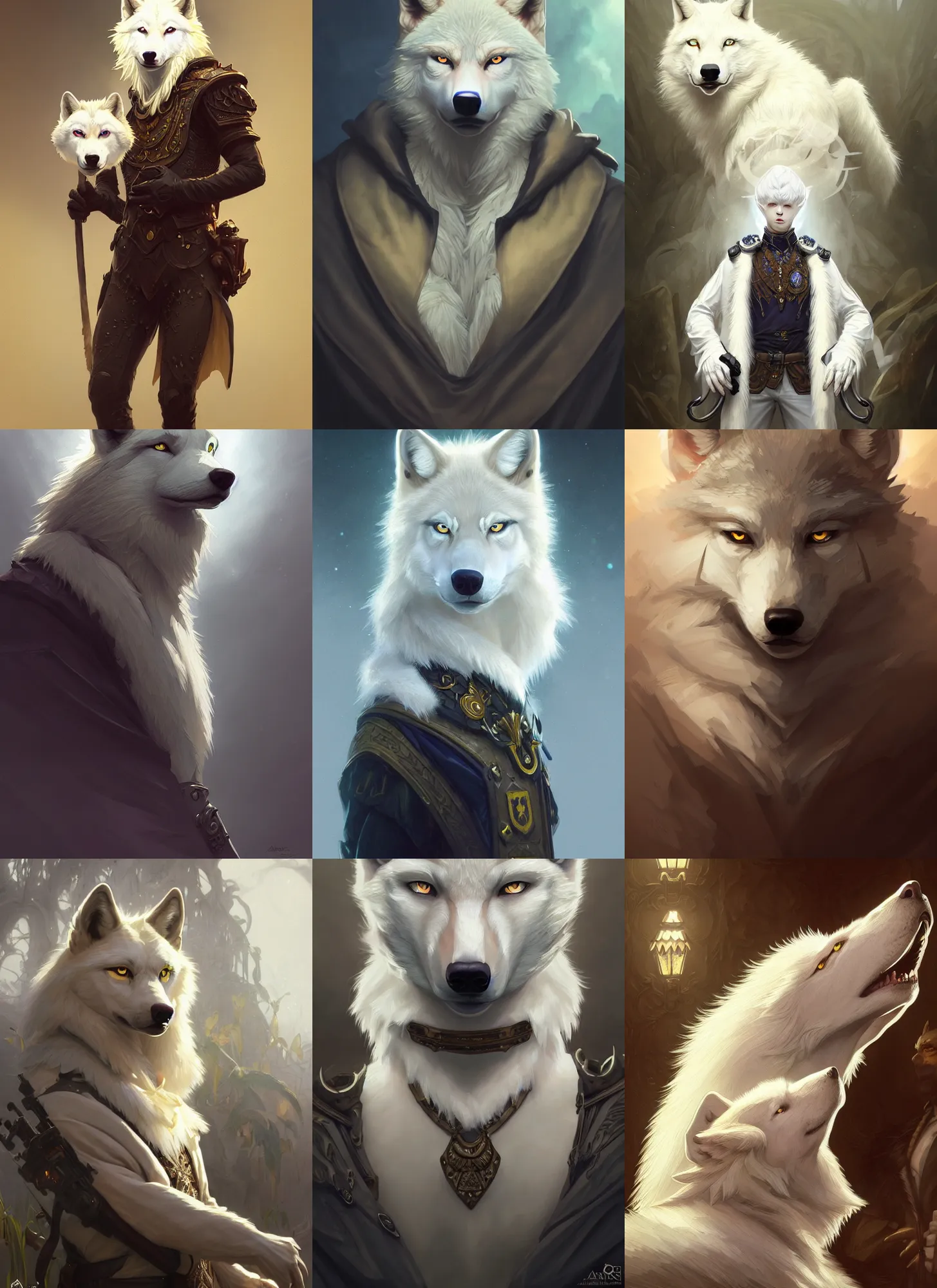 Prompt: photography of a male anthropomorphic albino wolf fursona police, deep focus, d & d, fantasy, intricate, elegant, highly detailed, digital painting, artstation, concept art, matte, sharp focus, illustration, hearthstone, art by artgerm and greg rutkowski and alphonse mucha