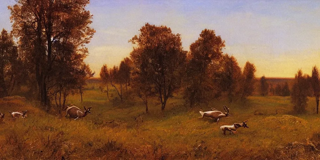 Prompt: autumn landscape with hares with horns eating grass, faint sunrise, lush field, forest, matte painting, by Isaac Levitan and Vasily Perov