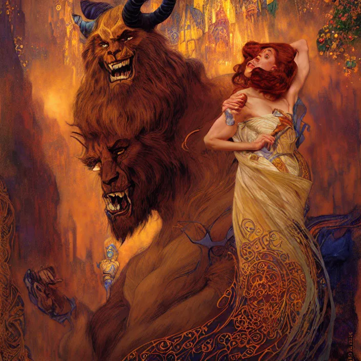 Image similar to portrait of the beast from beauty and the beast. fantasy painting by gaston bussiere craig mullins jc leyendecker gustav klimt artgerm greg rutkowski john berkey, bergey, craig mullins, ruan jia, raymond swanland, tom lovell