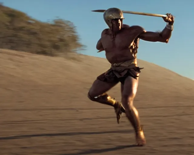 Image similar to spartan warrior sprinting on australian beach, epic award winning action cinematic still from the movie 3 0 0, sunrise lighting