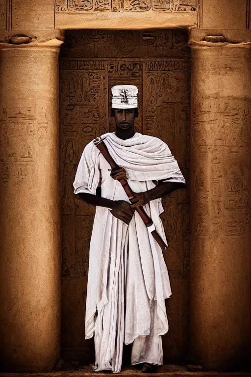 Prompt: a dramatic hero portrait of a live nubian temple guard in old egypt. photography photo art. cover of time magazine, dramatic light and shadow, saturated colors, ciaroscuro