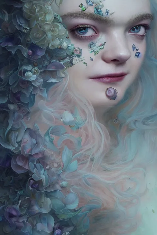 Image similar to closeup portrait shot of elle fanning as delirium of the endless, the sandman, the fairy queen, floral growth, thick fancy makeup, highly detailed, digital painting, artstation, concept art, soft focus, depth of field, artgerm, tomasz alen kopera, peter mohrbacher, donato giancola, wlop, boris vallejo