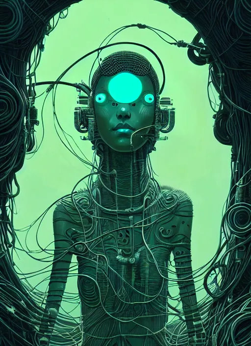 Prompt: highly detailed portrait of a biopunk long curly white hair tribal lady, stray wiring by atey ghailan, james gilleard, by joe fenton, by greg rutkowski, by greg tocchini, by kaethe butcher, 4 k resolution, gradient green, black and white color scheme!!! ( ( irradiated robotic pyramid landscape background ) )