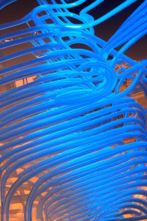 Prompt: transparent long spiralling blue neon giant plastic pipe sci fi 3 d concept art, by santiago calatrava and frank gehry and oscar neimeyer, by zaha hadid, glowing reflections, at dusk, octane render redshift unreal engine, artstation, smooth, sharp focus,