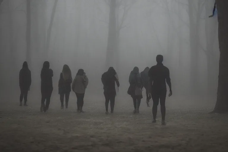 Image similar to photo of people being lured in the mist by sirenhead, eerie atmosphere, fear, mystery, dramatic, 8 k uhd