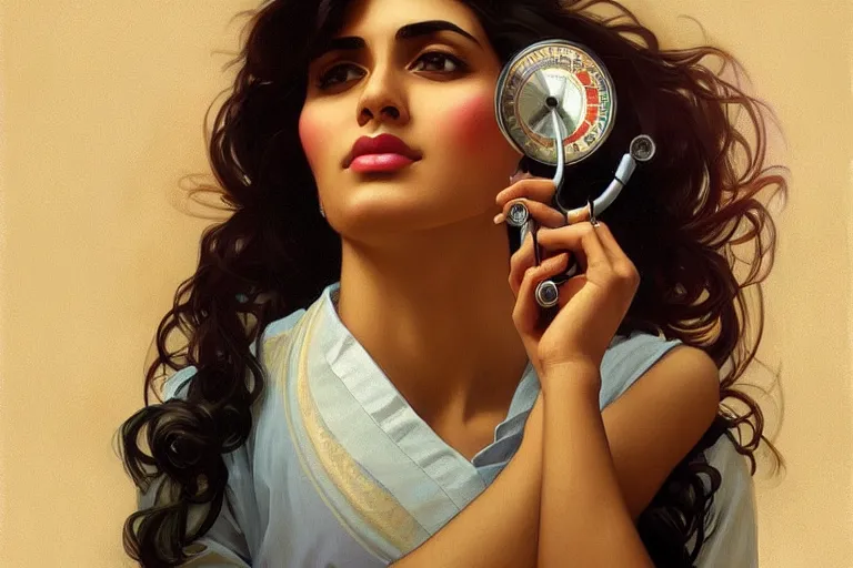 Image similar to sensual pale beautiful indian doctor in jeans with stethoscope, art deco portrait, elegant, intricate, digital painting, artstation, concept art, smooth, sharp focus, illustration, art by artgerm and greg rutkowski and alphonse mucha