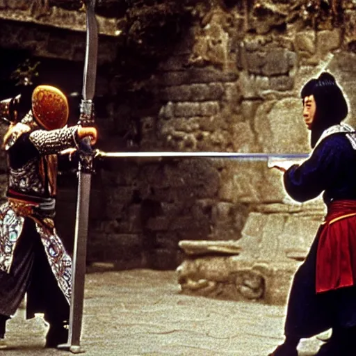 Prompt: xianxia fantasy, french swordsman fighting chinese swordsman, xuanhuan martial artist fighting european knight, chinese swordsman fighting medieval european swordsman, fantasy, wuxia, pseudo - medieval fantasy, cinematic, 1 9 8 6 movie screenshot