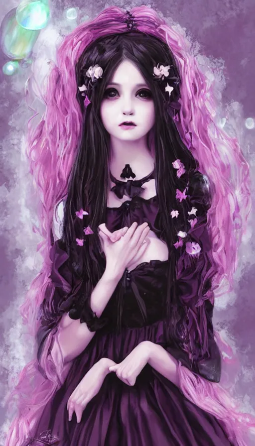 Image similar to gothic lolita girl portrait, dreamy and ethereal, expressive pose, big eyes, tender expression, exciting, fantasy, intricate, elegant, many rainbow bubbles, pink tones, purple, black very detailed, digital painting, artstation, concept art, cyberpunk wearing, soft, sharp focus, illustration, art by artgerm and greg rutkowskiand alphonse much