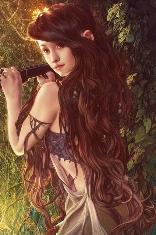 Image similar to demonic cottagecore Ariana Grande holding a shotgun, demonic Hair, magical forest, intricate, elegant, highly detailed, digital painting, artstation, concept art, smooth, sharp, focus, illustration, art by artgerm and greg rutkowski and alphonse mucha