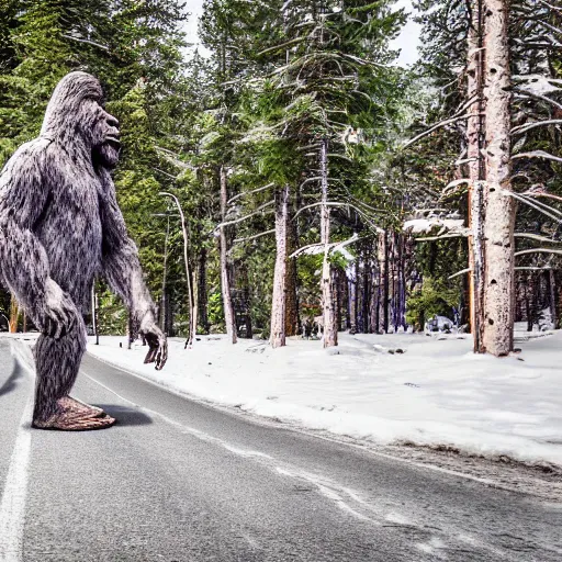Prompt: bigfoot walking in center of helsinki finland. Realistic photo