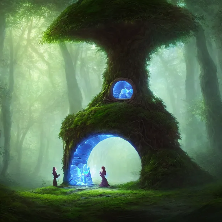 Prompt: Fantasy Magical fairy-tale glowing stone portal in the forest. Round stone portal teleport in trees to other worlds. Fantastic landscape. Magic Altar in the fores, highly detailed, digital painting, artstation, concept art, smooth, sharp focus, illustration, art by greg rutkowski