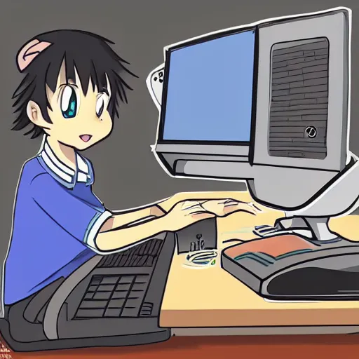 Image similar to concept art of A groundhog is working on a computer in anime style
