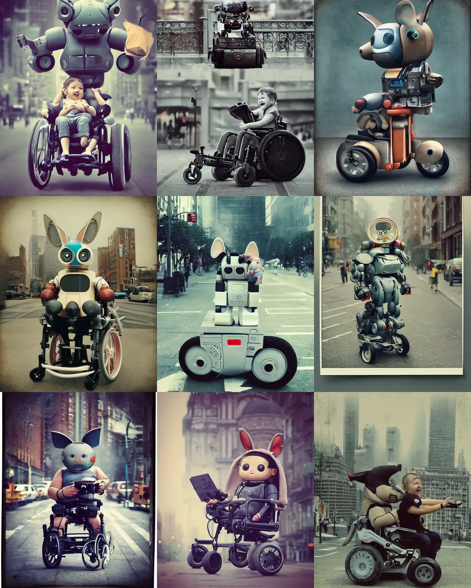 Prompt: cute! epic pose!!! giant oversized battle smiling fly robot chubby mech baby sport wheelchair! double decker with giant oversized ears and smiling fly babies in sitting pose ,in busy city , full body , Cinematic focus, Polaroid photo, vintage , neutral dull colors, soft lights, foggy mist , by oleg oprisco , by national archives, by discovery channel, by victor enrich , by gregory crewdson