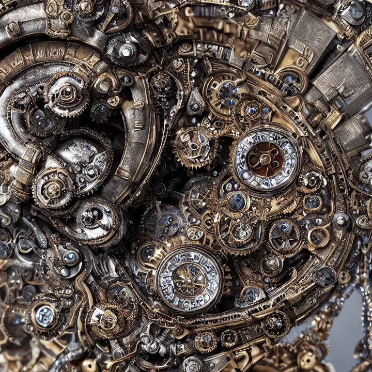 Image similar to A close up symmetric steampunk fox head with sparkling eyes made from ornate engraved full plate armor and Rolex gears and jewels and gems, macro shot by Justin Gerard, unreal engine, detailed, intricate, physically based rendering