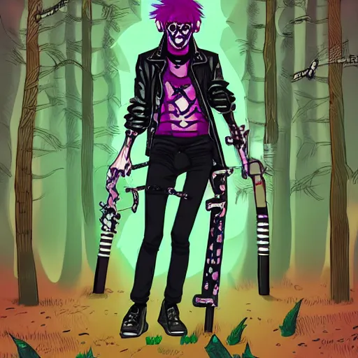 Prompt: punk aesthetic demon in 8 0 s clothing using nunchucks to fight ghosts in a forrest hellscape.