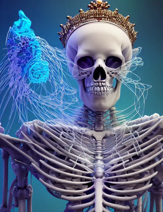 Image similar to 3 d goddess skeleton macro close - up portrait with crown made of ram skull. betta fish, jellyfish phoenix, bioluminiscent fire, plasma, ice, water, wind, creature, super intricate ornaments artwork by tooth wu and wlop and beeple and greg rutkowski