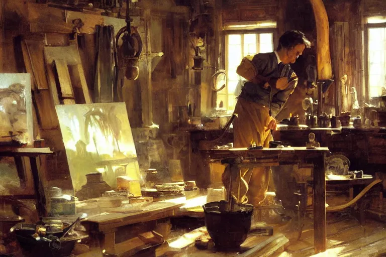 Image similar to oil painting of potter working on a beautiful piece in their workshop, art by anders zorn, wonderful masterpiece by greg rutkowski, beautiful cinematic light, american romanticism by greg manchess, jessica rossier and norman rockwell