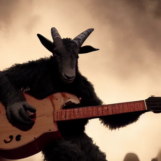 Prompt: a cinematic photo of a humanoid goat monster playing the guitar at a concert, movie still, fog, atmospheric, 4 k