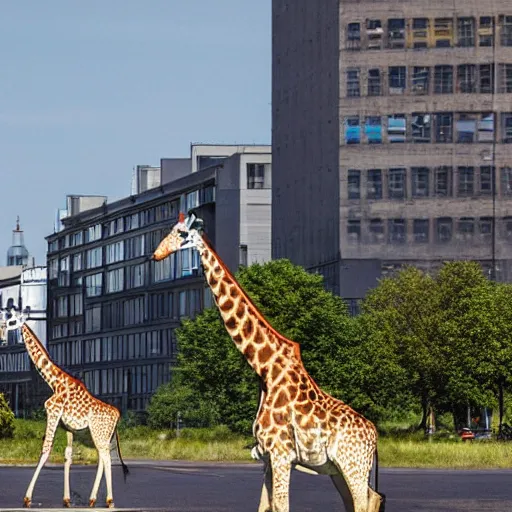 Prompt: giraffes roaming in center of helsinki, urban, photo, hyper realistic, buildings decay