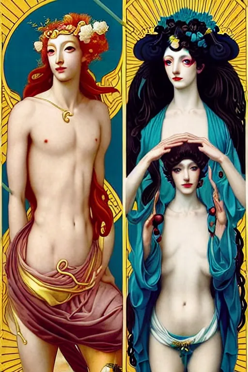 Image similar to 3 Summer Deities, (one representing each month of June, July, and August), in a style blending Æon Flux, Peter Chung, Shepard Fairey, Botticelli, Ivan Bolivian, and John Singer Sargent, inspired by pre-raphaelite paintings, shoujo manga, and cool Japanese street fashion, dramatically contrasting warm and vivid colors, hyper detailed, super fine inking lines, ethereal atmosphere, sfumato, 4K extremely photorealistic, Arnold render