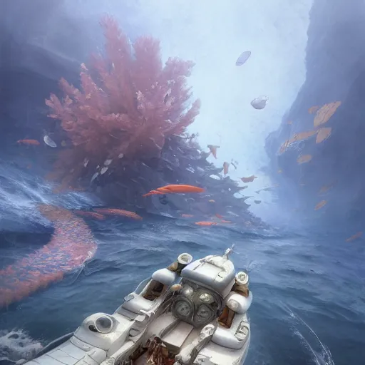 Image similar to subsurface scattering, white, giant submarine, koi colors, not koi, octane render, jesper ejsing, justin gerard, james jean, tomasz alen kopera, cgsociety, fenghua zhong, makoto shinkai, highly detailed, rim light, art, cinematic lighting, very coherent, hyper realism, 8 k