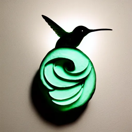 Image similar to intricate hummingbird carved from wet clay, bioluminescent, photograph, studio lighting