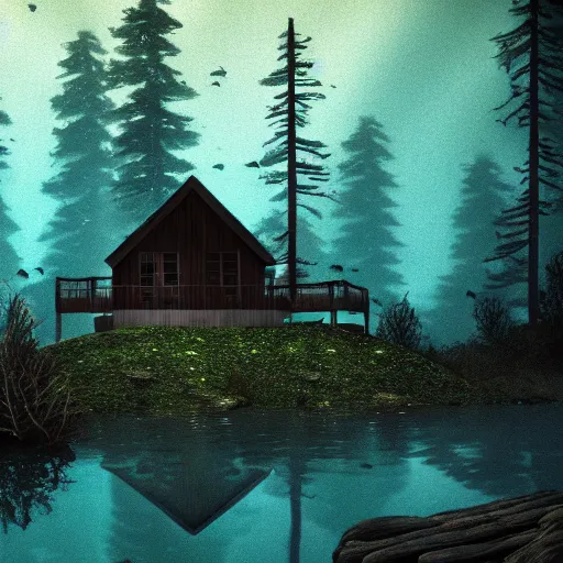 Image similar to a cabin in the woods underwater, dense trees, dark and eerie, 8k, high definition, highly detailed, photo realistic