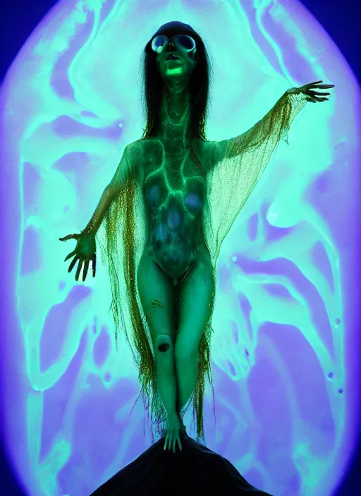 Prompt: darkly cinematic shot of a sci - fi sloppy saliva goo creature princess ungulate fairy ferret of slime perched atop a fluid fool, translucent x ray transparent skin shows skeletal, her iridescent membranes, flaring gills, shades of aerochrome gold, eerie, occult, gelatinous with a smile, dark bubbling ooze covered serious