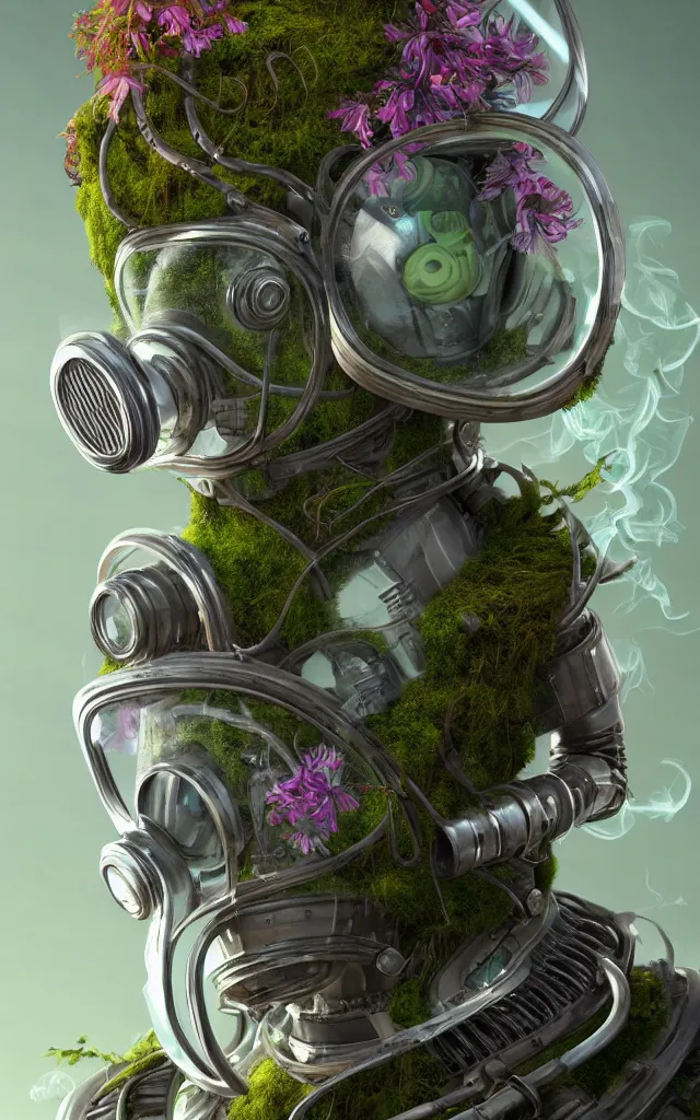 Prompt: glass tube 3 d close - up portrait of the retro futuristic robot in vintage gas mask in midsommar style clothes and crown overgrown with moss and giant orchid flowers and giant gladiola flowers, intricate, elegant, surrounded by smoke and burning. translucent nautilus, highly detailed, by wlop, tooth wu, greg rutkowski, alena aenami