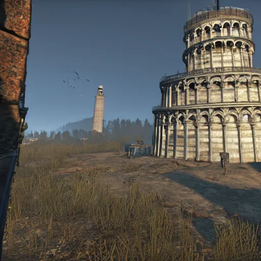 Prompt: Tower of Pisa destroyed post-nuclear war in Fallout 4, in game screenshot