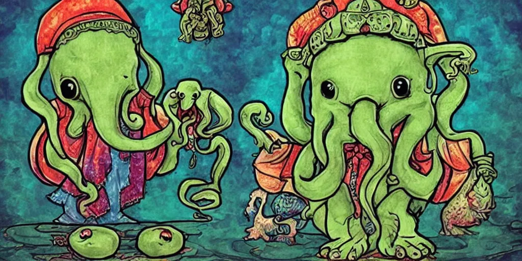 Image similar to cute cthulhu, ganesh and jesus inside the palace of pondering, looking for the answers to life's greatest riddles