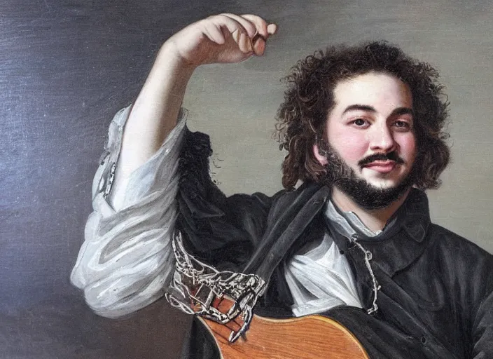 Image similar to romanticism painting of post malone during the french revolution