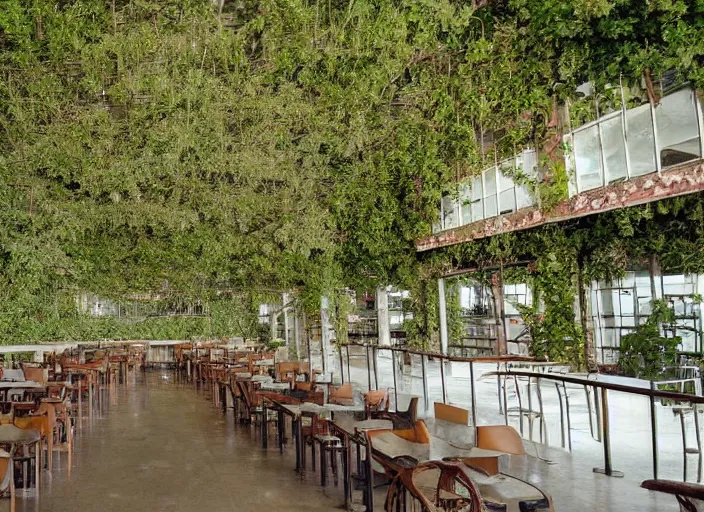 Prompt: a restaurant in an abandoned mall in the 1 9 8 0 s, taken over by nature, covered in vines