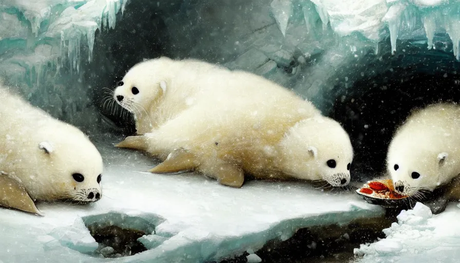 Image similar to highly detailed closeup painting of cute furry white baby seals eating fish inside a snowy fantasy ice crystal cavern by william turner, by greg rutkowski, by william constable, thick brush strokes and visible paint layers, 4 k resolution