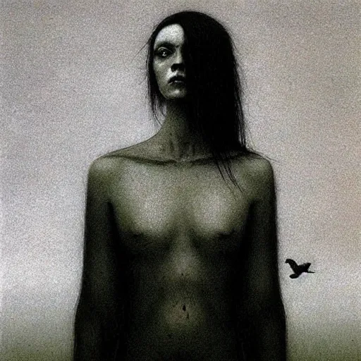 Prompt: half human half raven teen girl by Beksinski