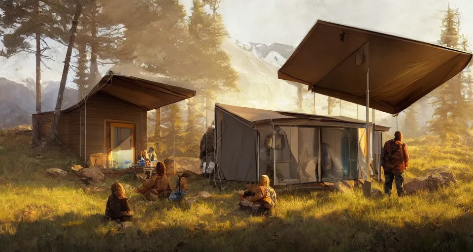 Image similar to cabela's beautiful comfortable self contained modular insulated wall container home kit - house all weather family dwelling tent house, person in foreground, mountainous forested wilderness open fields, beautiful views, painterly concept art, environmental concept art, concept art illustration, by james gurney, by craig mullins, by greg rutkowski trending on artstation