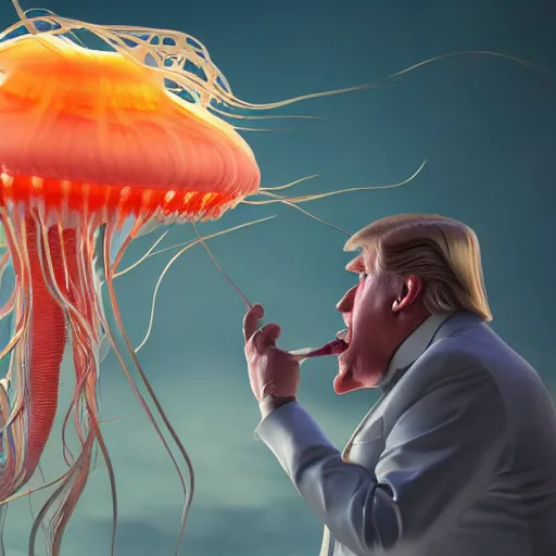 Prompt: Full body photo of Donald Trump, he has a jellyfish-phoenix head\'s and a siren body, some tentacles are touching him, by Tooth Wu, trending on Artstation, digital art, symmetrical artwork, cinematic, hyper realism, high detail, octane render, 4k, 8k