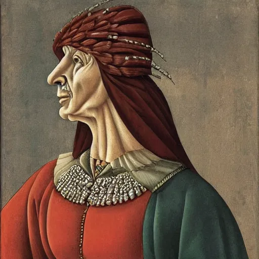 Image similar to portrait of an anthropomorphic tyrannosaurus rex, dressed as an italian queen, sandro bottecelli, 1 5 0 0