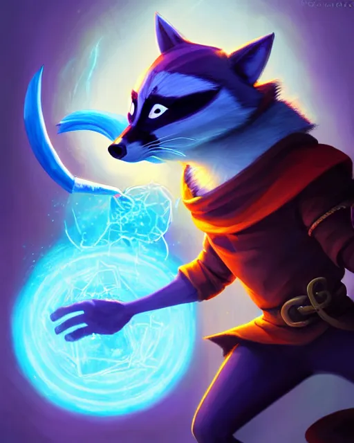 Image similar to closeup, highly detailed digital illustration portrait of hooded sorcerer sly cooper raccoon casting a magical glowing spell in a castle, action pose, d & d, magic the gathering, by rhads, lois van baarle, jean - baptiste monge,