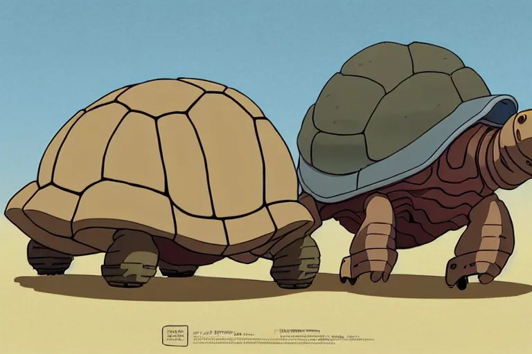 Image similar to a study of a cell shaded cartoon of a beige mechanical tortoise from howl's moving castle ( 2 0 0 4 ), at a gas station, full body, wide shot, very muted colors, post grunge, studio ghibli, laurie greasley, highly detailed, deviantart, art by artgem