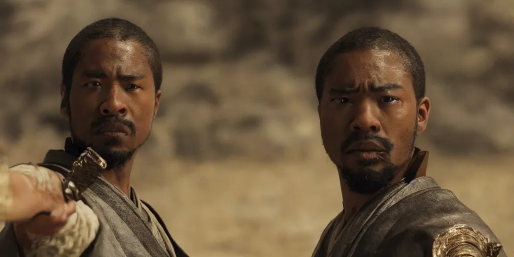 Image similar to a film still of a black man starring in a japanese blockbuster film as san ancient samurai, shallow depth of field, cinematic, award winning cgi, vfx, film still