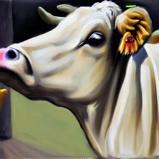 Image similar to a holy cow talking on the phone, photorealism