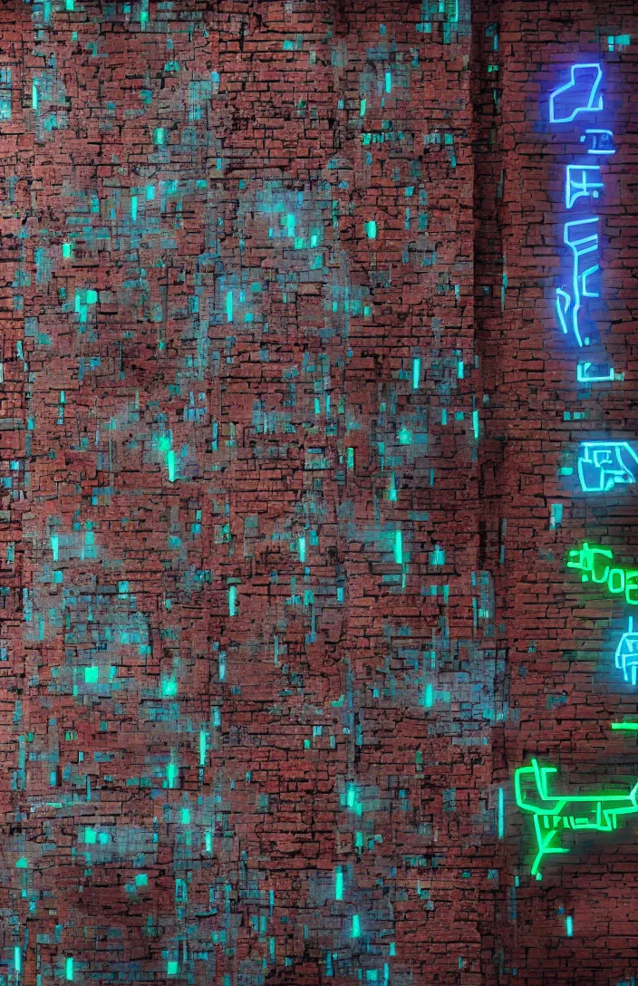 Prompt: close up of brick wall in futuristic city with a small amount of cyberpunk neon graffiti, photorealistic, octane, unreal engine, cgi, ultra detailed, very intricate,